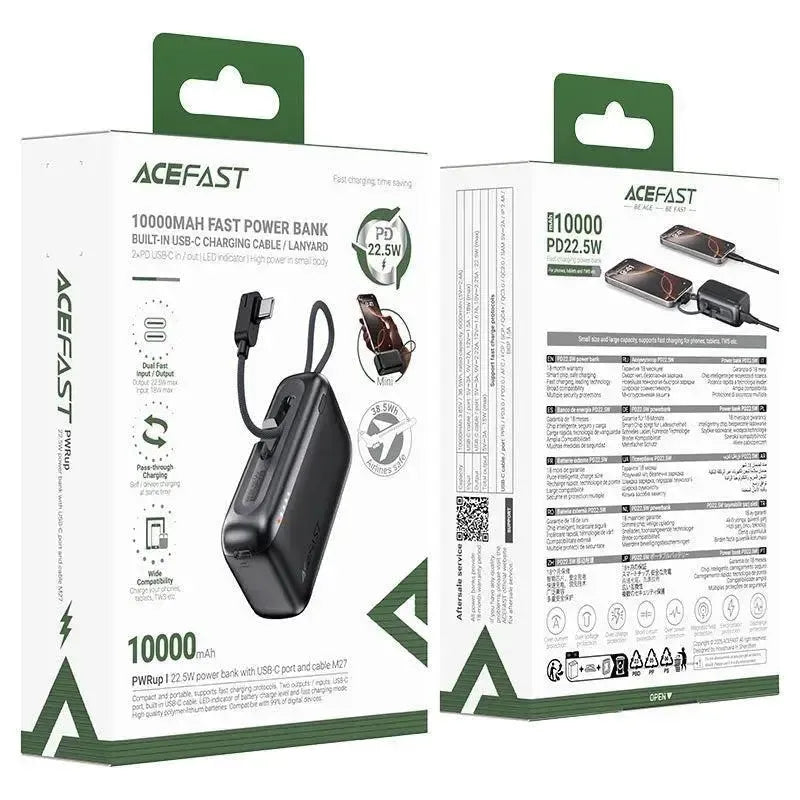 ACEFAST M27 Power Bank With USB-C Port And Cable 10000mAh 22.5W Metal Gray