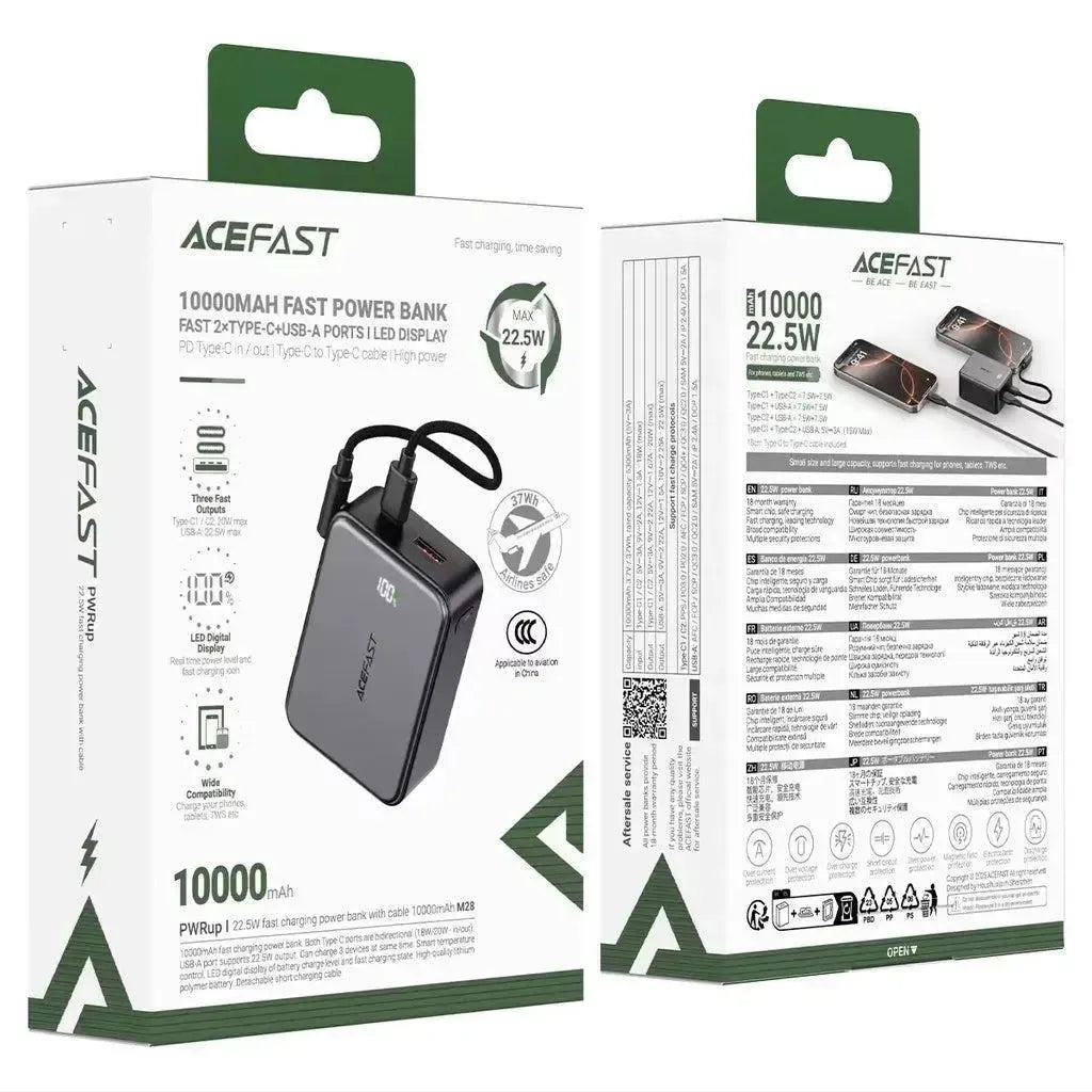 ACEFAST M28 PD 22.5W XHD-G85 Fast Charging Power Bank With C-C Cable 10000mAh Black