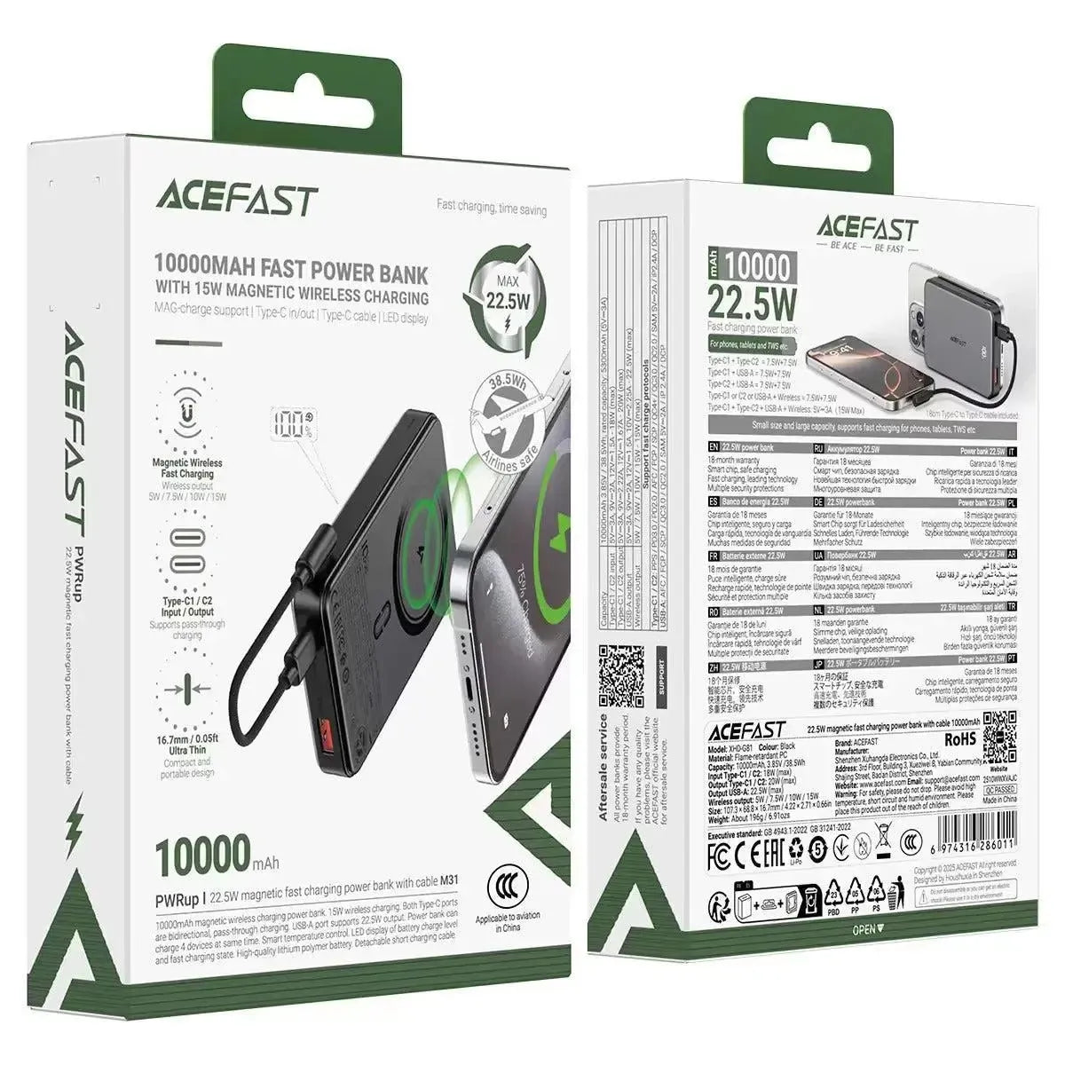 ACEFAST M31 PD 22.5W Magsafe Fast Charging Power Bank With C-C Cable 10000mAh Black