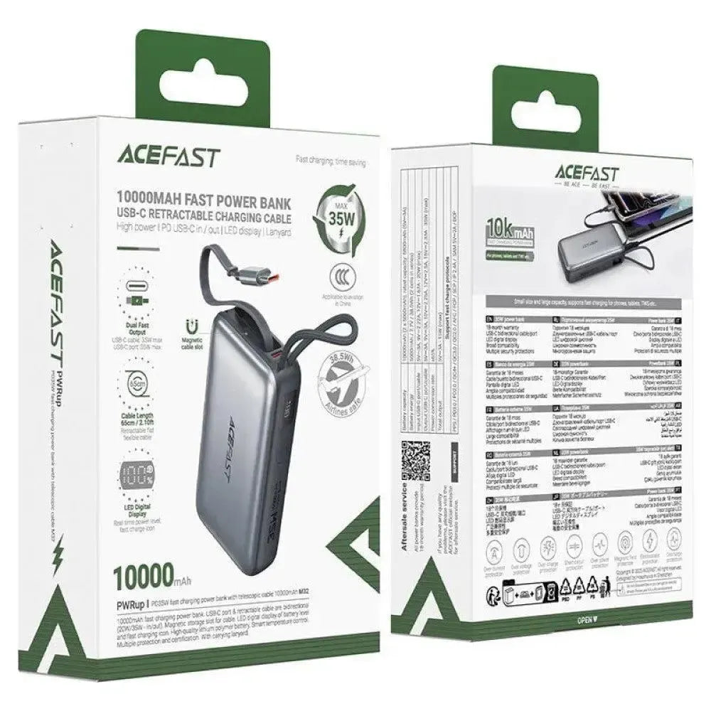 ACEFAST M32 PD35W Fast Charging Power Bank With Retractable Type-C Cable 10000mAh Gray
