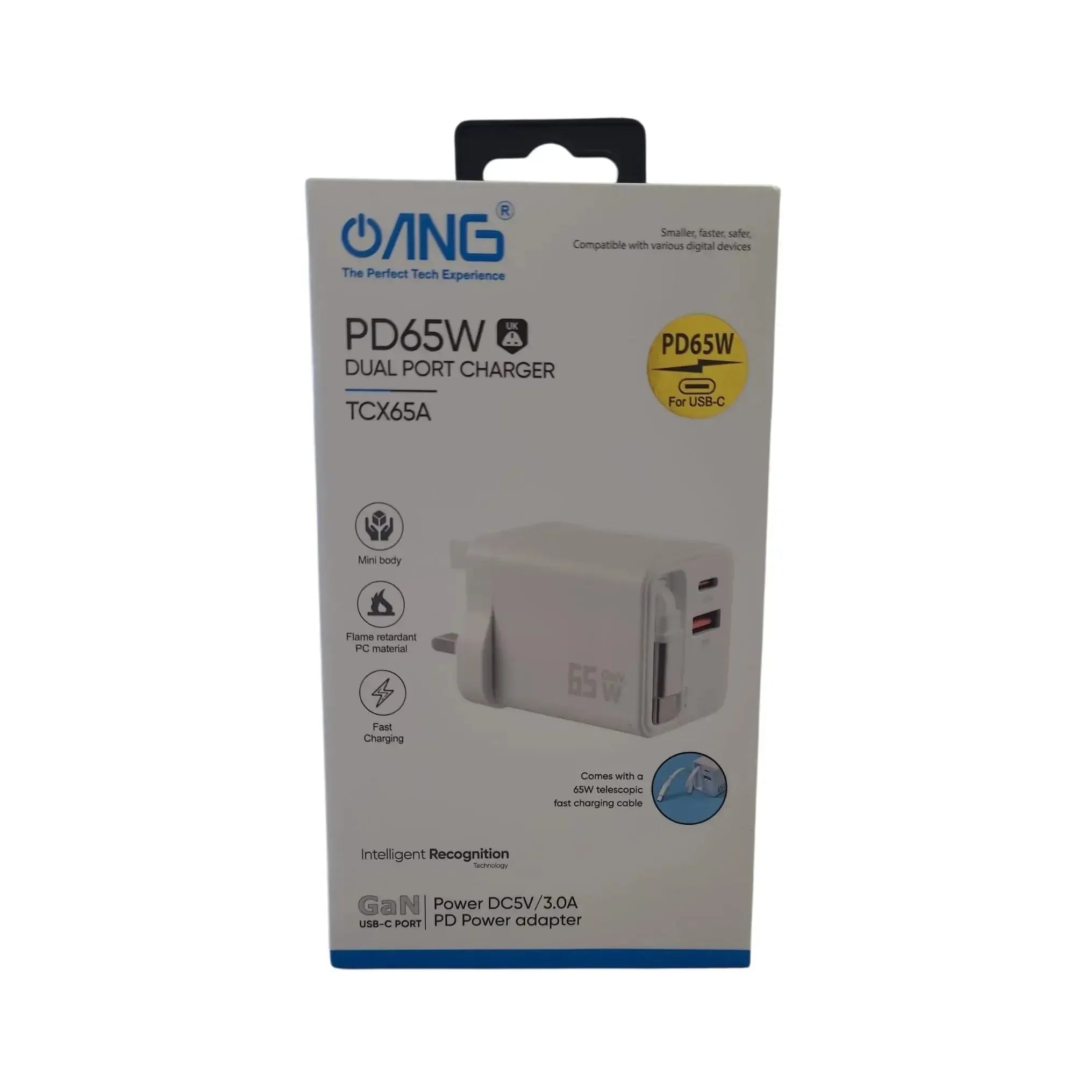ANG PD 65W GaN Dual Port Fast Charger USB-C & USB-A Wall Adapter with Fast Charging Cable