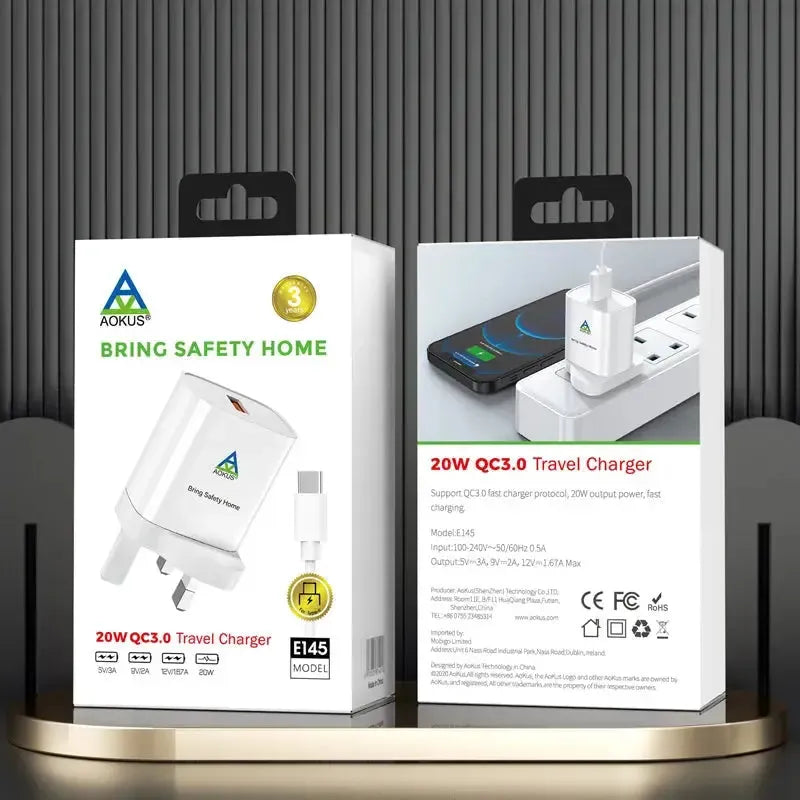 AOKUS E145 20W QC3.0 Quick Charger With Type-C Cable White
