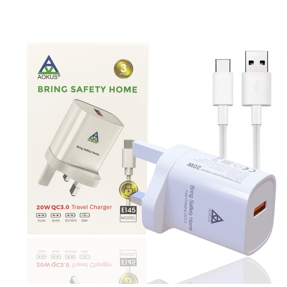 AOKUS E145 20W QC3.0 Quick Charger With Type-C Cable White-www.firsthelptech.ie