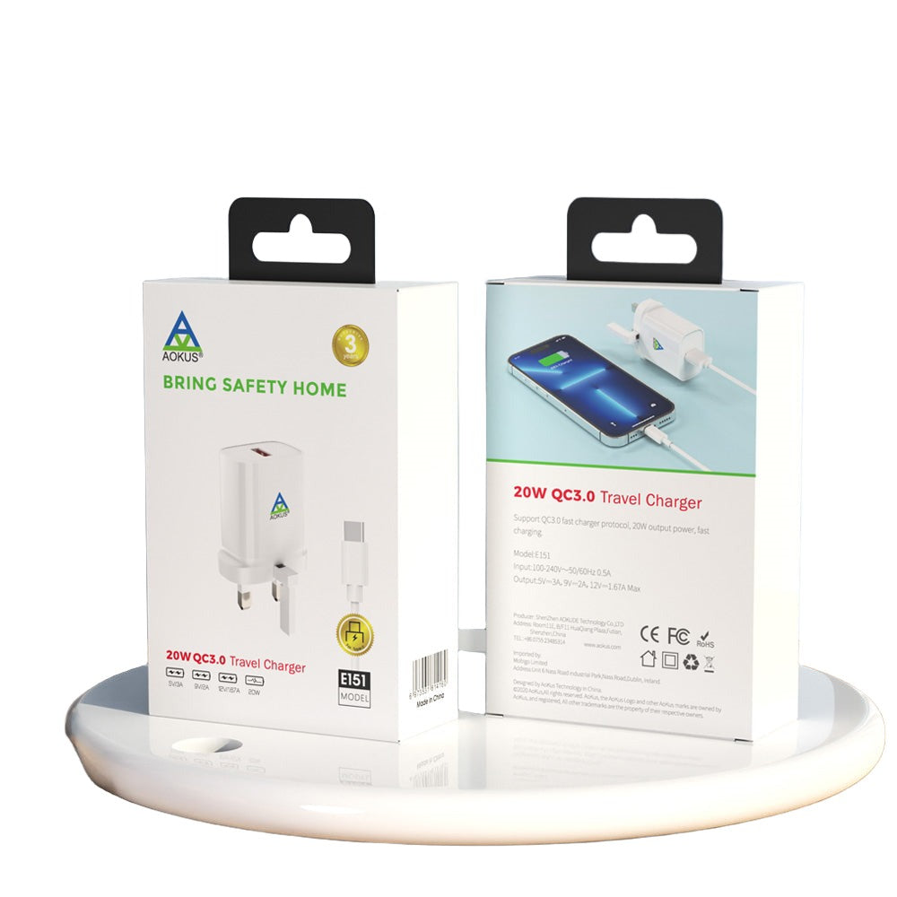 Aokus E151 Foldable 20W QC3.0 Quick Charger With Type-C Cable White