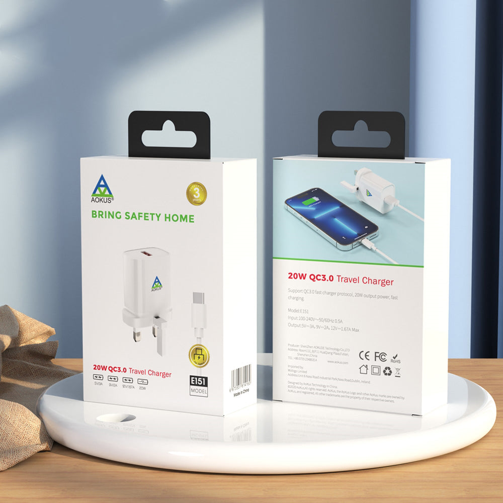 Aokus E151 Foldable 20W QC3.0 Quick Charger With Type-C Cable White-www.firsthelptech.ie