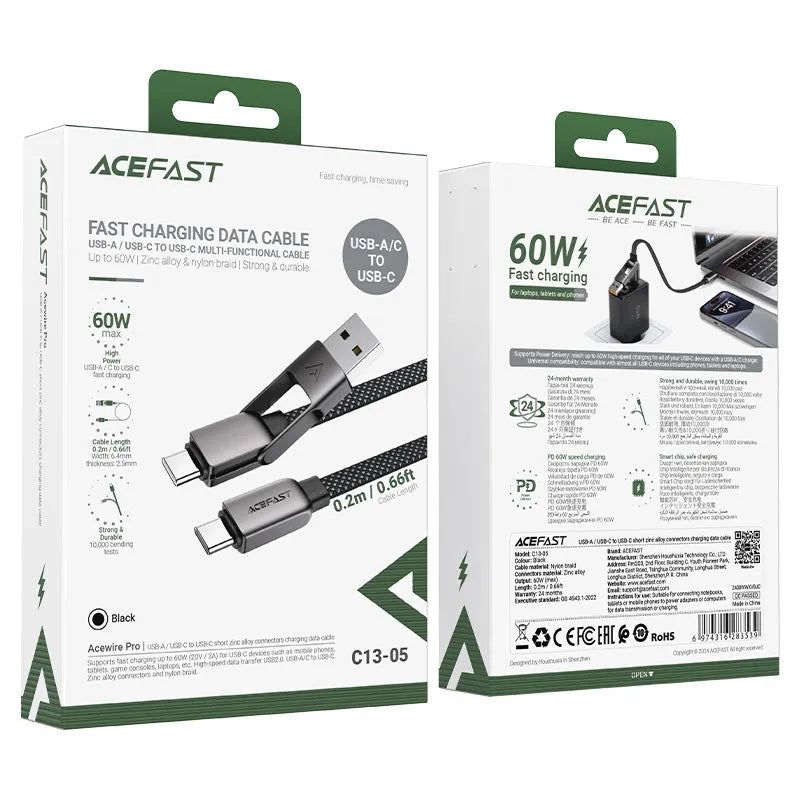 Acefast C13-05 USB-A/USB-C To USB-C 60W Short Zinc Alloy Charging Cable Black