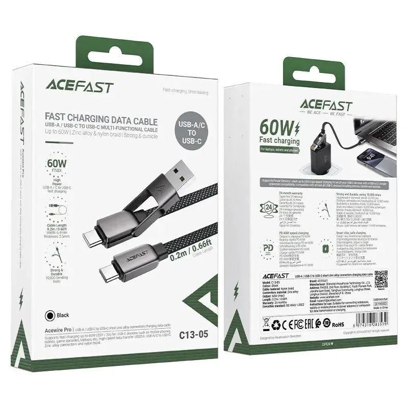 Acefast C13-05 USB-A/USB-C To USB-C 60W Short Zinc Alloy Charging Cable Black