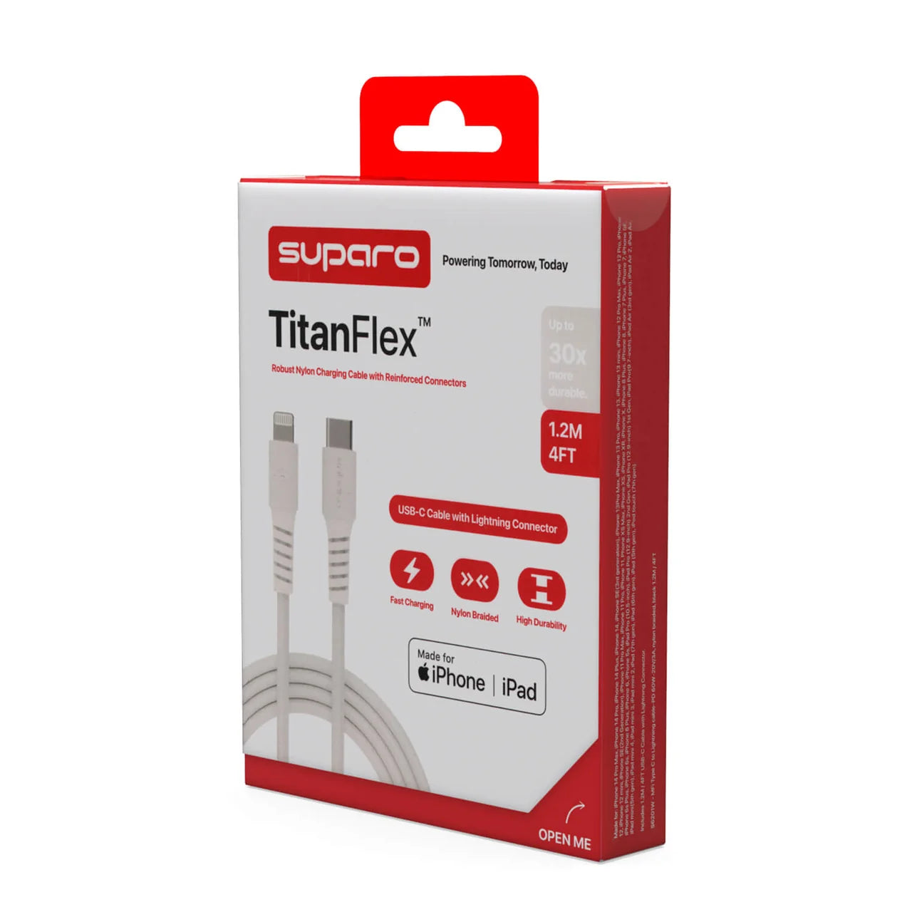 Suparo MFi Type C To Lightning Cable-PD 60W - 20V/3A Nylon Braided White 1.2m