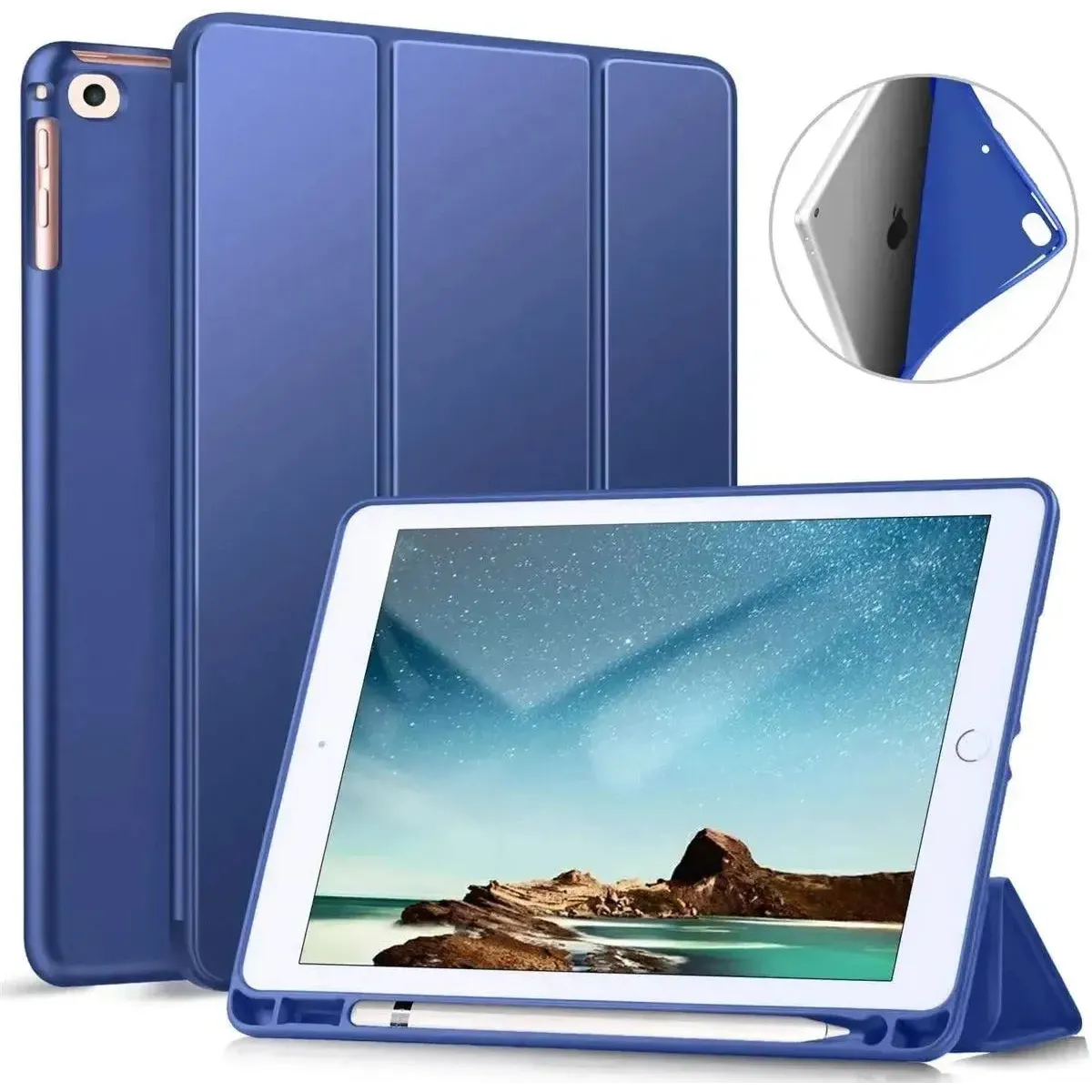 For Apple iPad 6th/5th (2018/2017) & iPad Air 1&2 9.7 inch Tri Fold Pen Slot Wallet Case - Navy