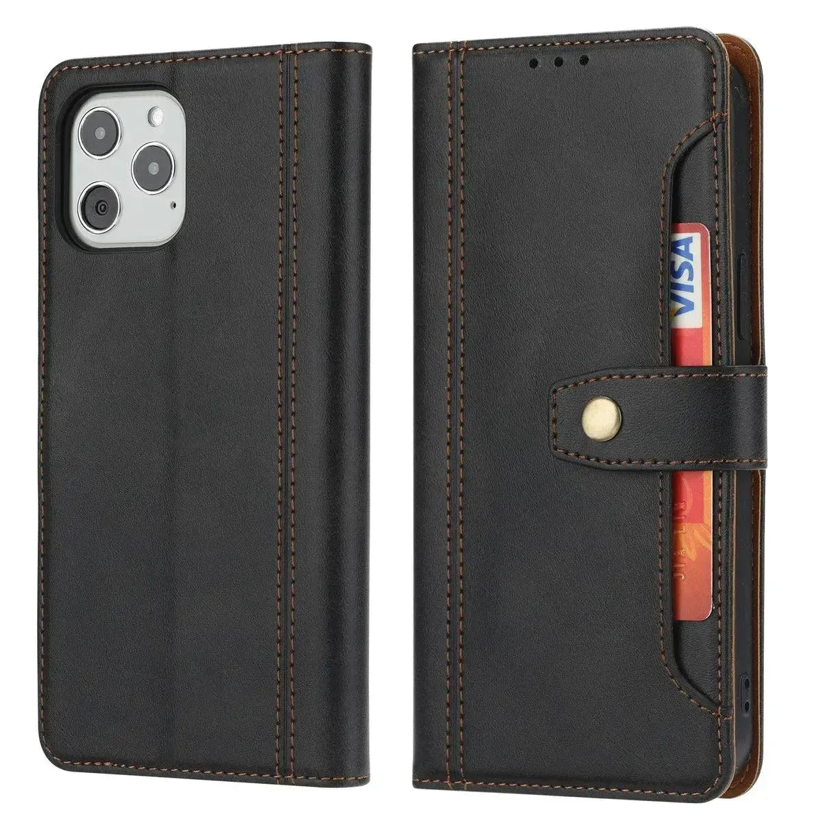 For Apple iPhone 13 Pro 6.1 Stitched Card Slots Premium Aokus Wallet Case Black