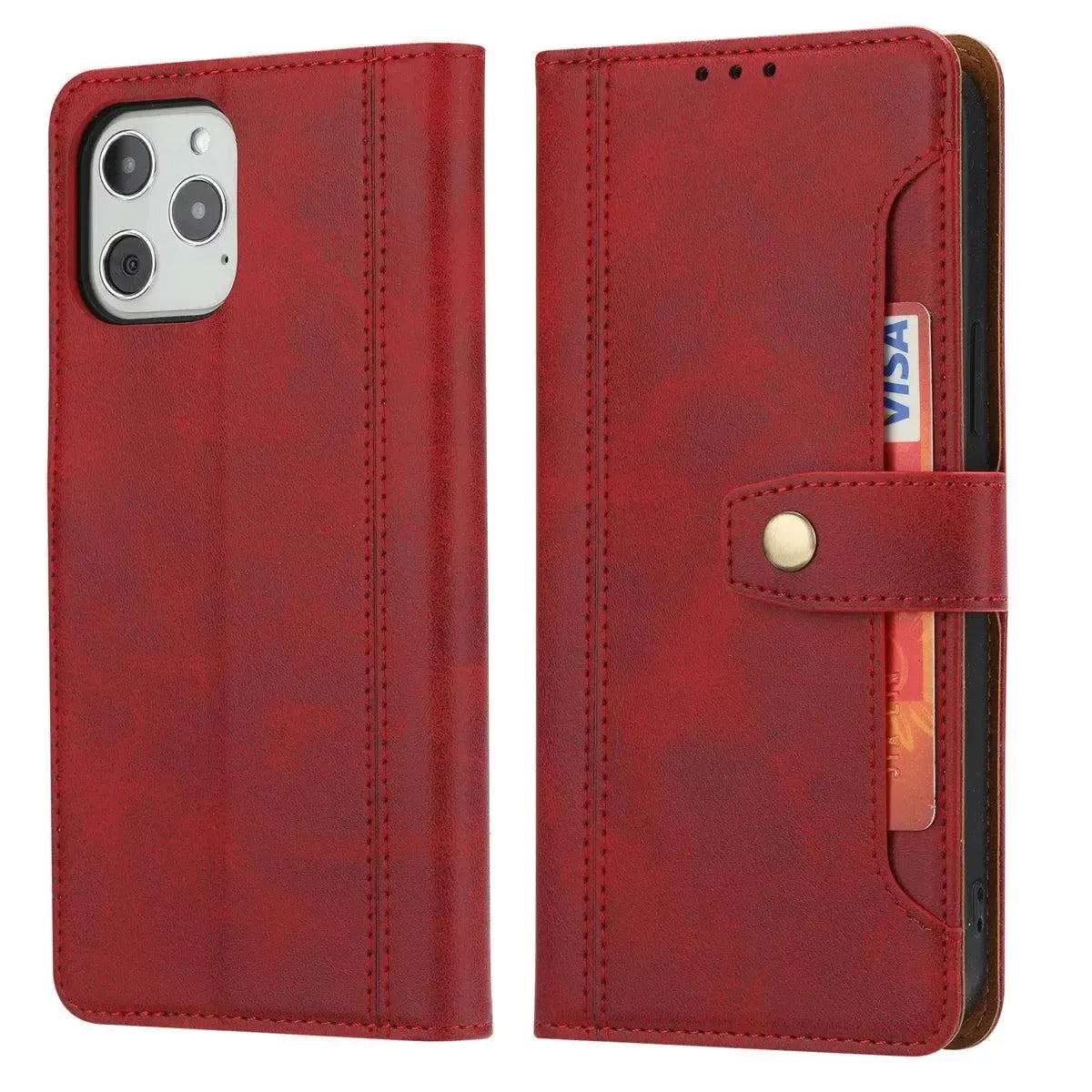 For Apple iPhone 13 Pro Max Stitched Card Slots Premium Aokus Wallet Case Red