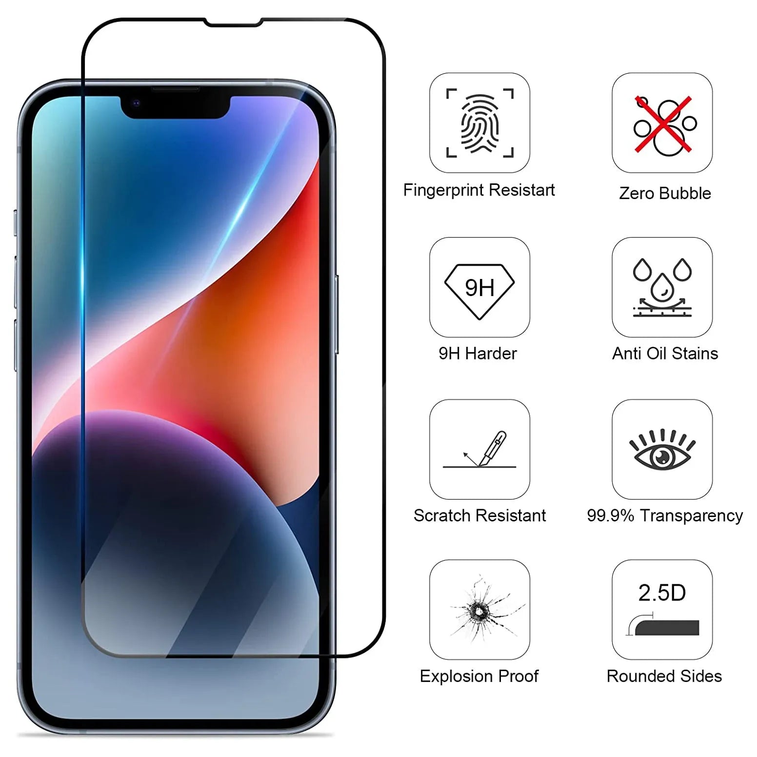 For Apple iPhone 14 Full Coverage 9D Tempered Glass