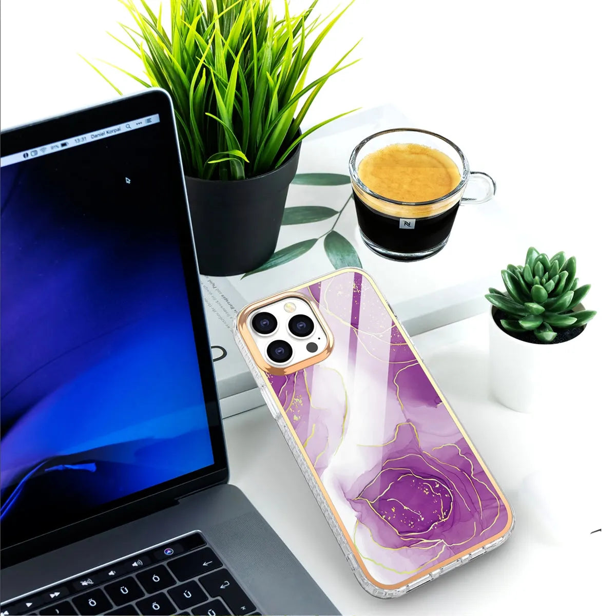 For Apple iPhone 14 Pro Premium Marble Case Purple Flower
