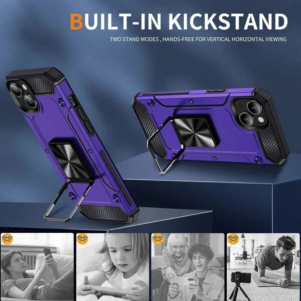 For Apple iPhone 15 Heavy Duty Rotating Bumper Stand Case Purple
