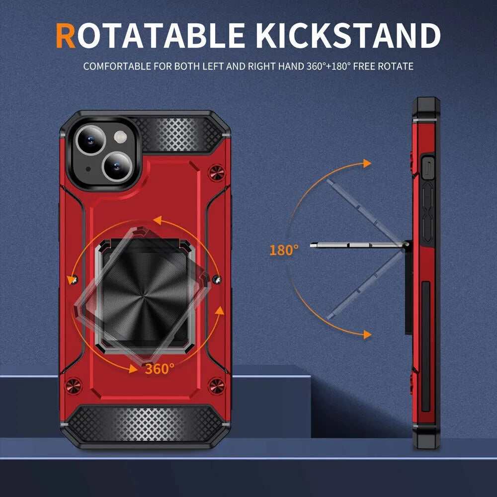 For Apple iPhone 15 Heavy Duty Rotating Bumper Stand Case Red