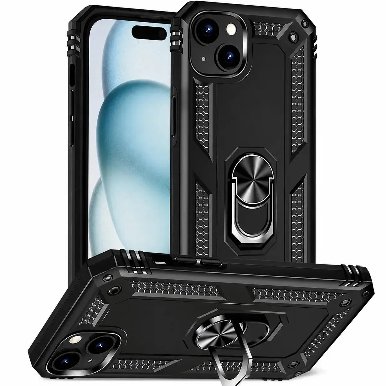 For Apple iPhone 15 Magnetic Car Mount Protective Ring Holder Case Black