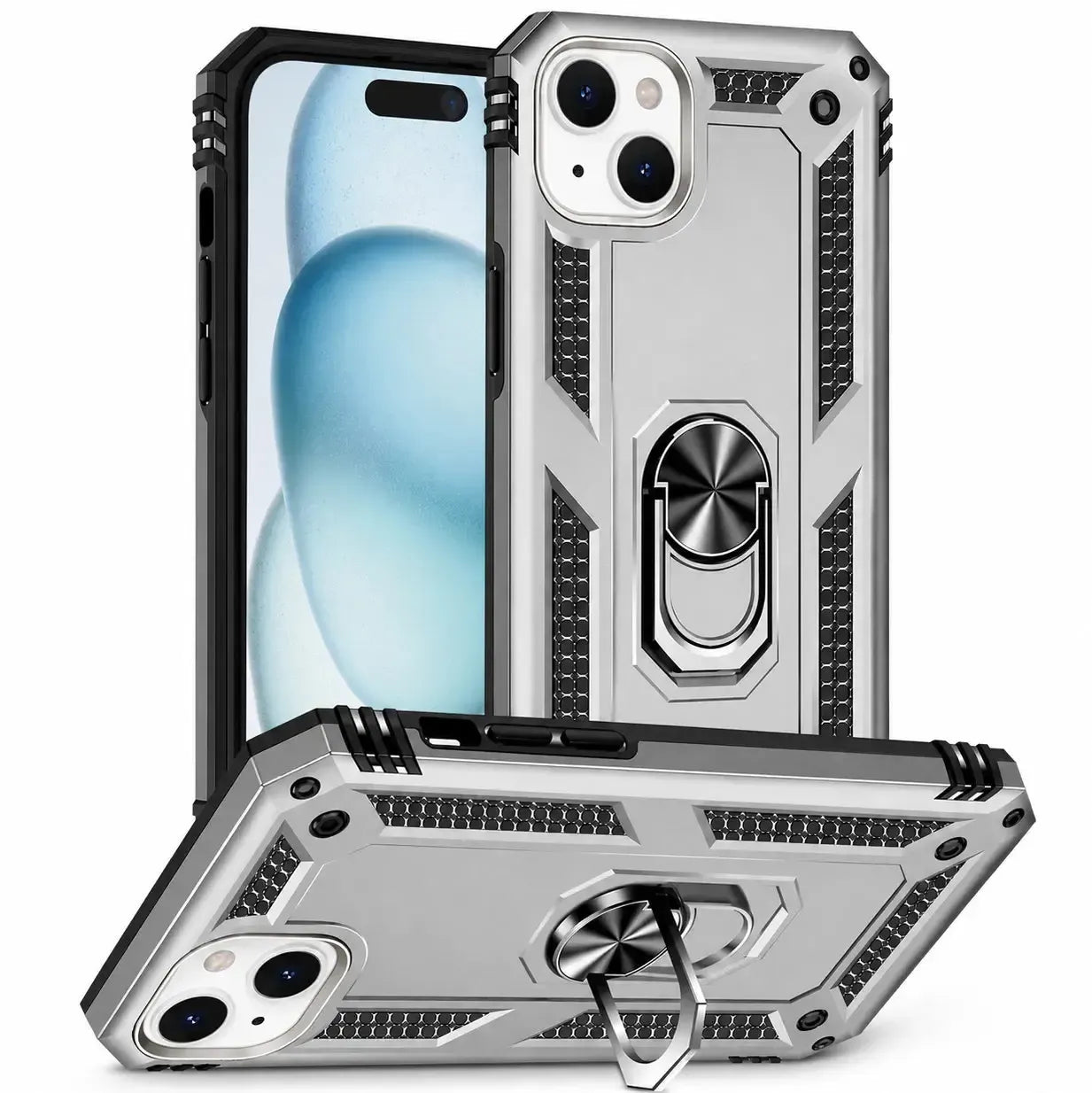 For Apple iPhone 15 Magnetic Car Mount Protective Ring Holder Case Silver