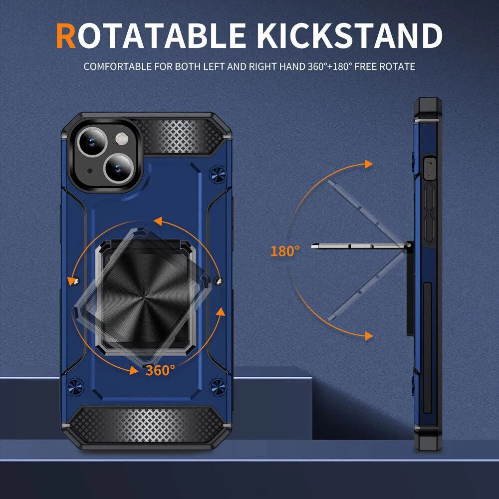 For Apple iPhone 15 Pro Max Heavy Duty Rotating Bumper Stand Case Blue