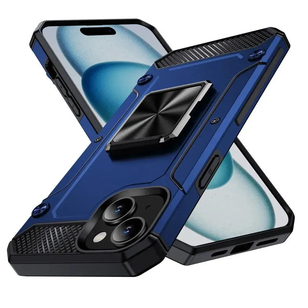For Apple iPhone 16 Pro Heavy Duty (Rotating Bumper) Stand Case Blue