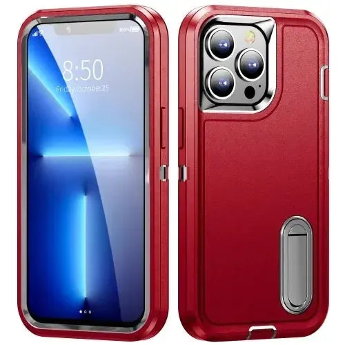 For Apple iPhone 16 Pro Max Triple Defender with Stander Case Red