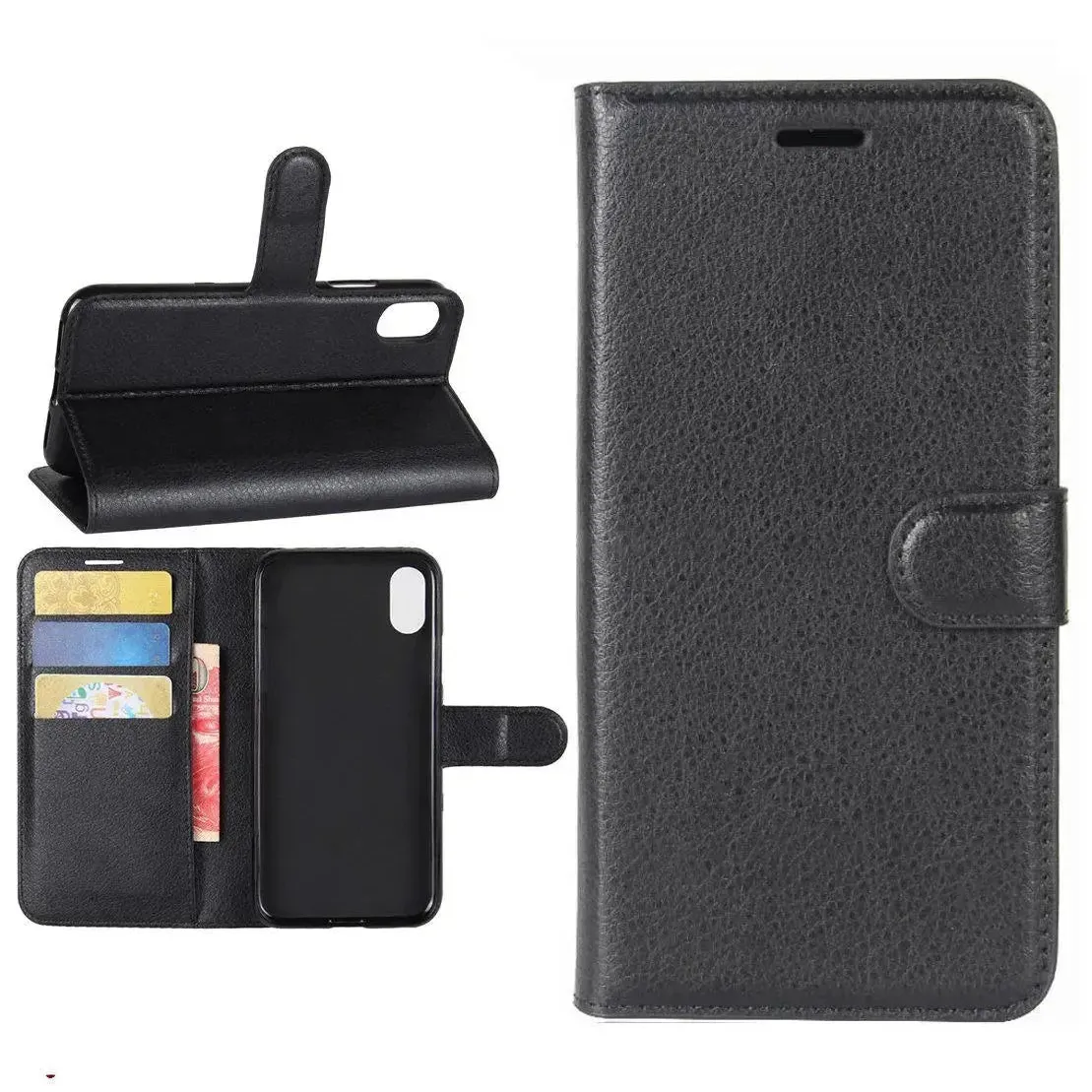 For Apple iPhone XR Wallet Case Cover PU Leather Holder Card Slots Black