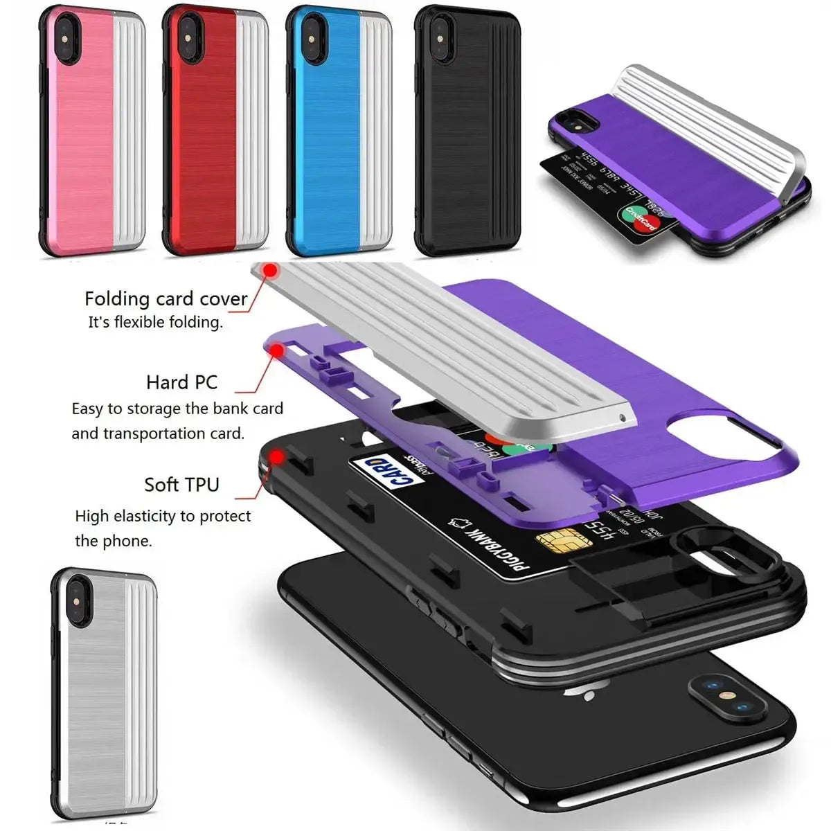 For Apple iPhone XS Max Brushed Kickstand Hybrid With Credit Card Holder Red