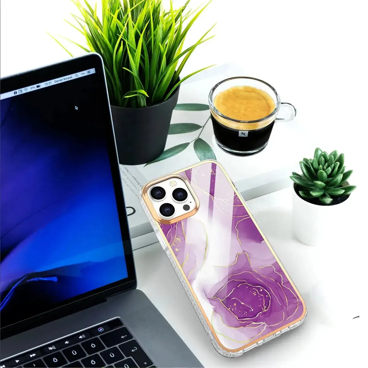 For Apple iPhone X/XS Premium Marble Case Purple Flower