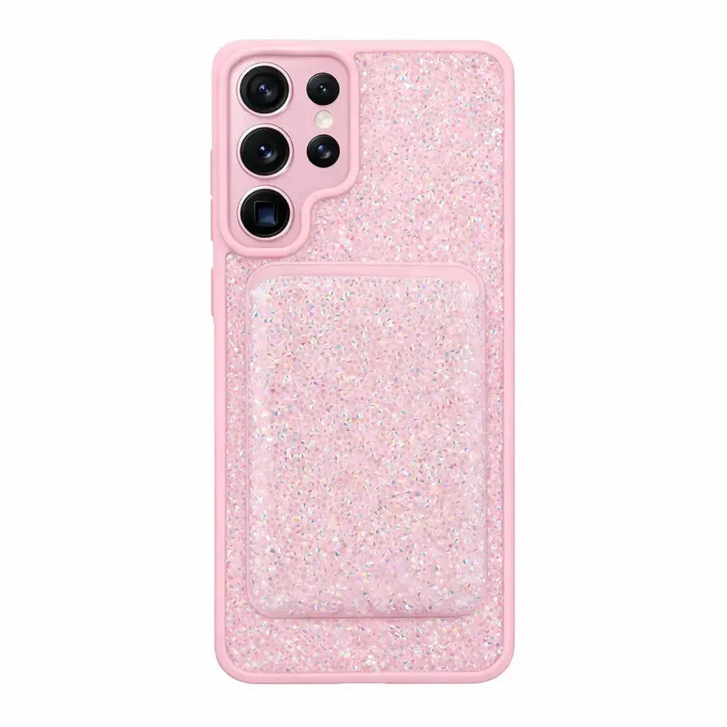 For Samsung Galaxy S25 Ultra Premium Magsafe Glitter Case With Card Wallet Pink