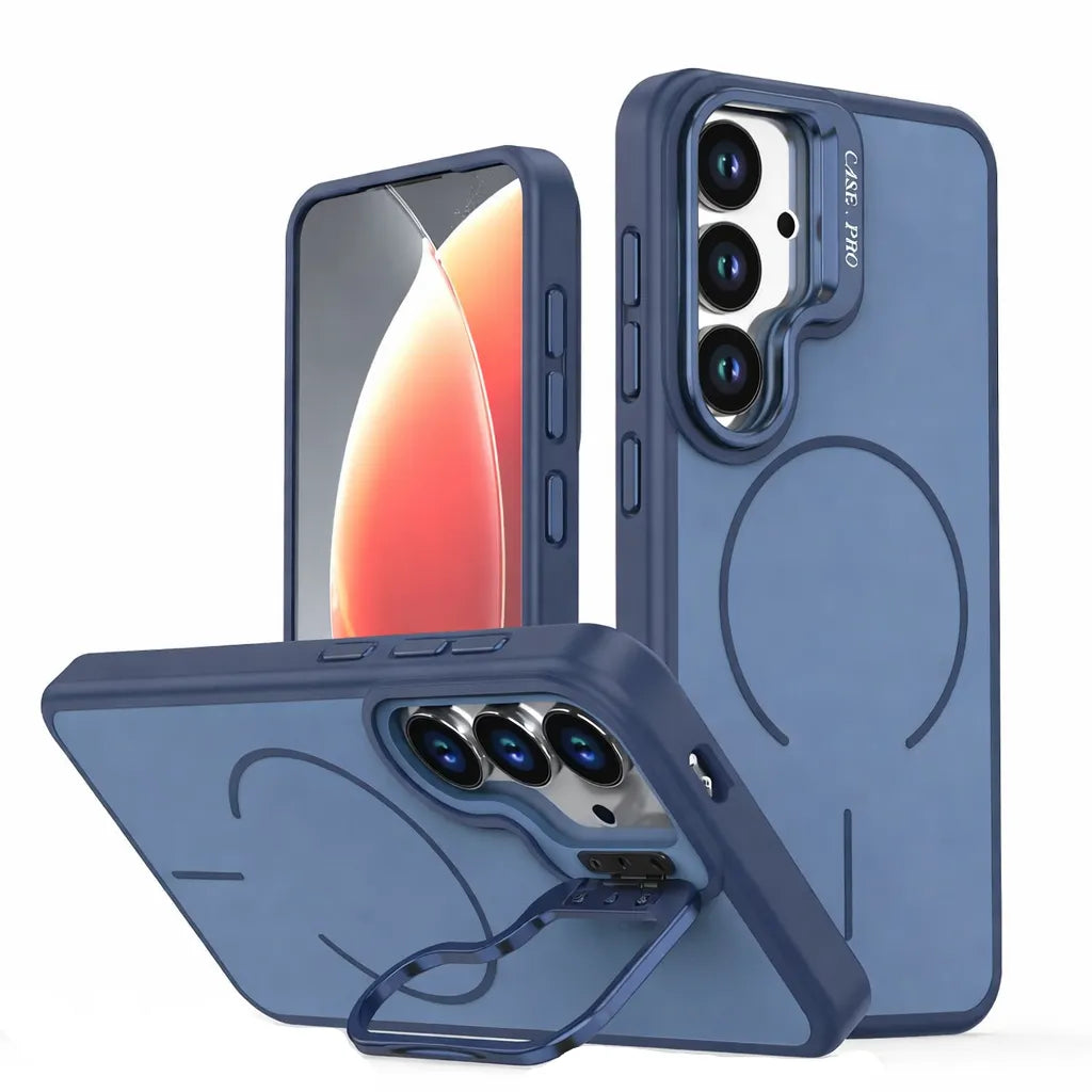 For Samsung Galaxy S26 Skin-Feel Camera Holder Magsafe Case Blue