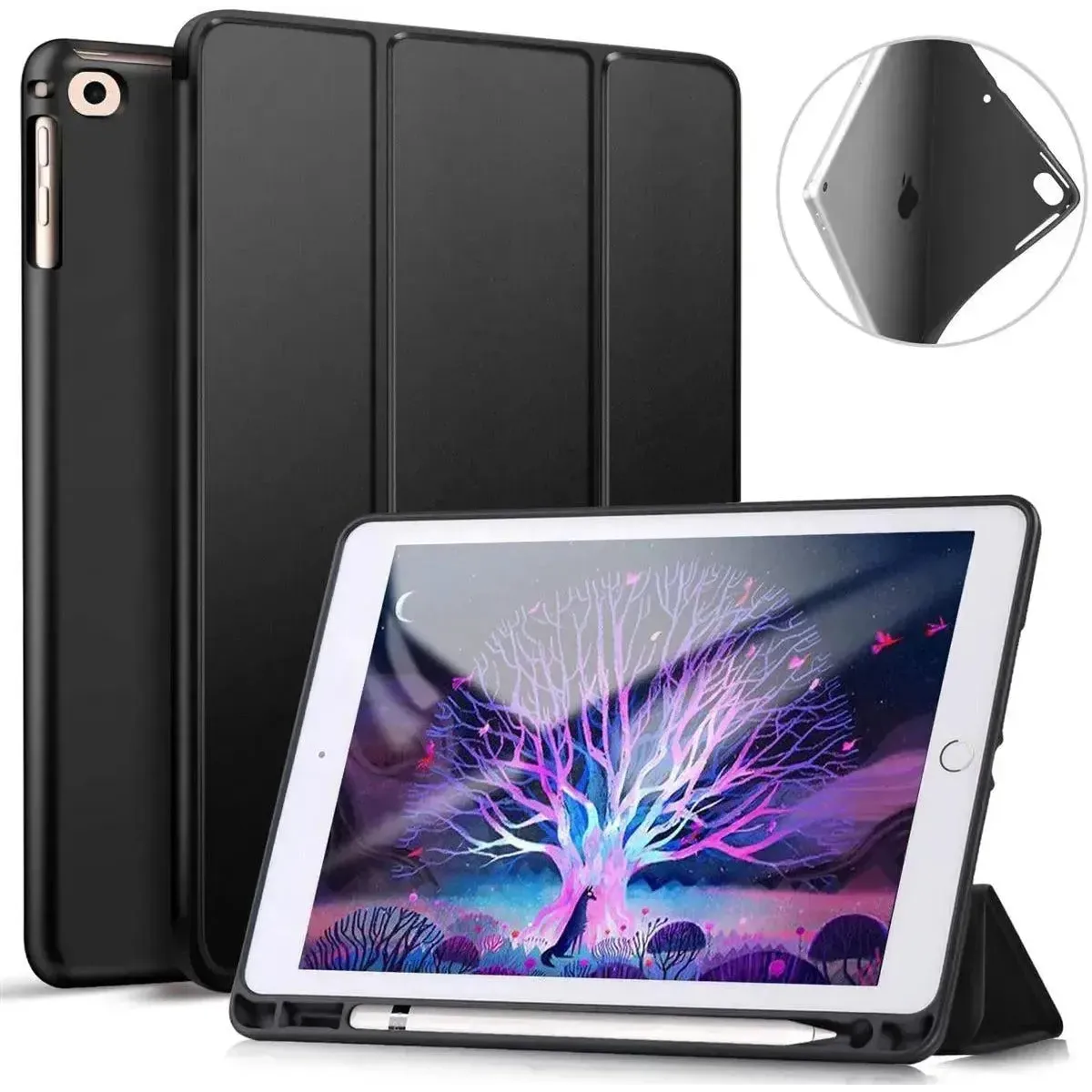 For Samsung Galaxy Tab S7 (SM-T870)/ S8 (SM-X700) Tri Fold Pen Slot Wallet Case - Black