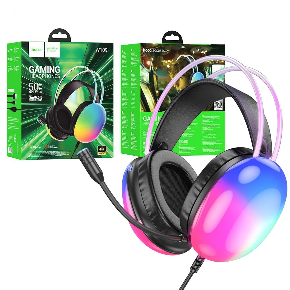 Hoco W109 Rich Elegant Back Light Gaming Headphones Black-www.firsthelptech.ie