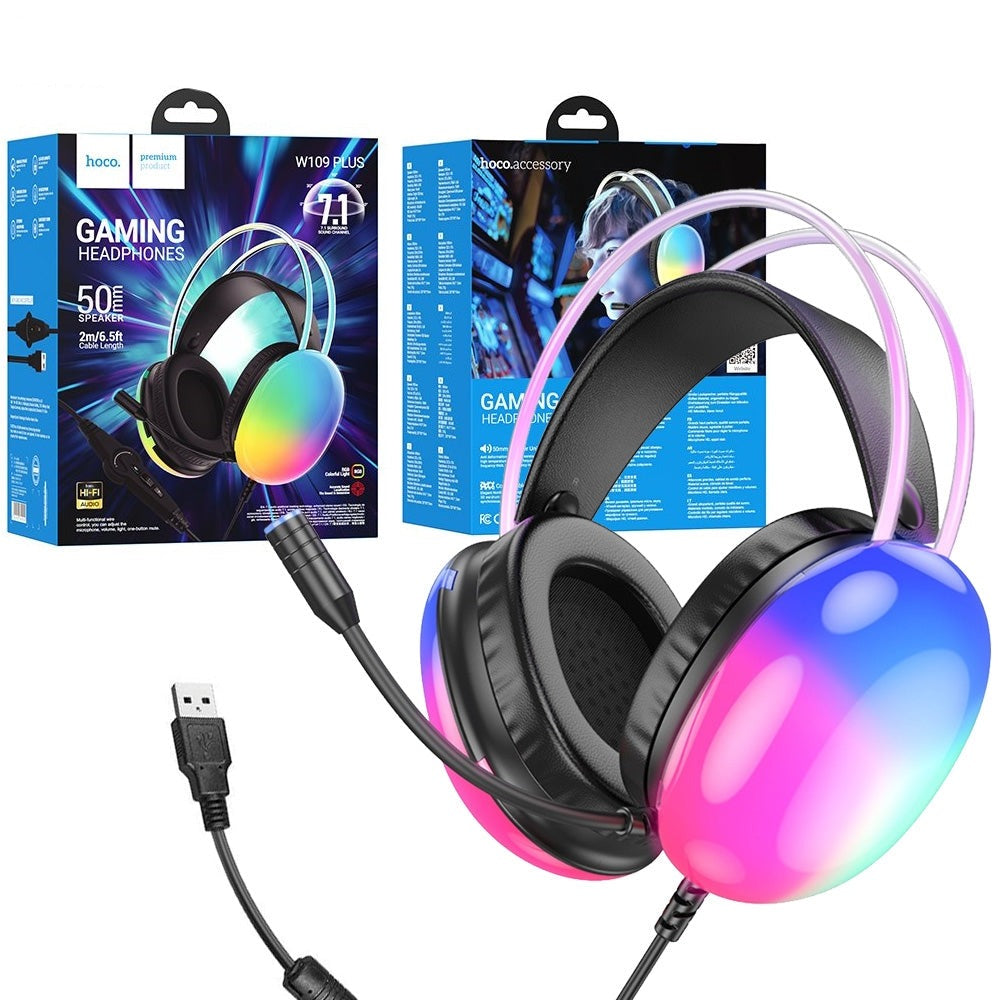 Hoco W109 Plus Rich Elegant USB 7.1 Channel Back Light Gaming Headphones Black-www.firsthelptech.ie