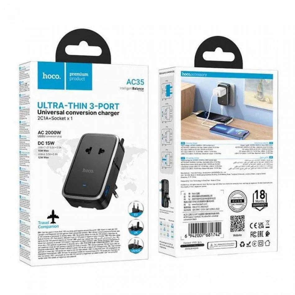 Hoco AC35 Changer 3-Port 2C1A Universal Ultra-Thin Conversion Charger 15W Black
