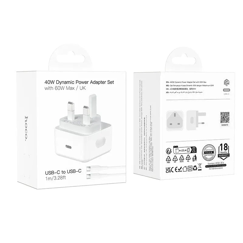 Hoco C161B Dynamic Speed Single Port PD 40W Charger Set C-C UK