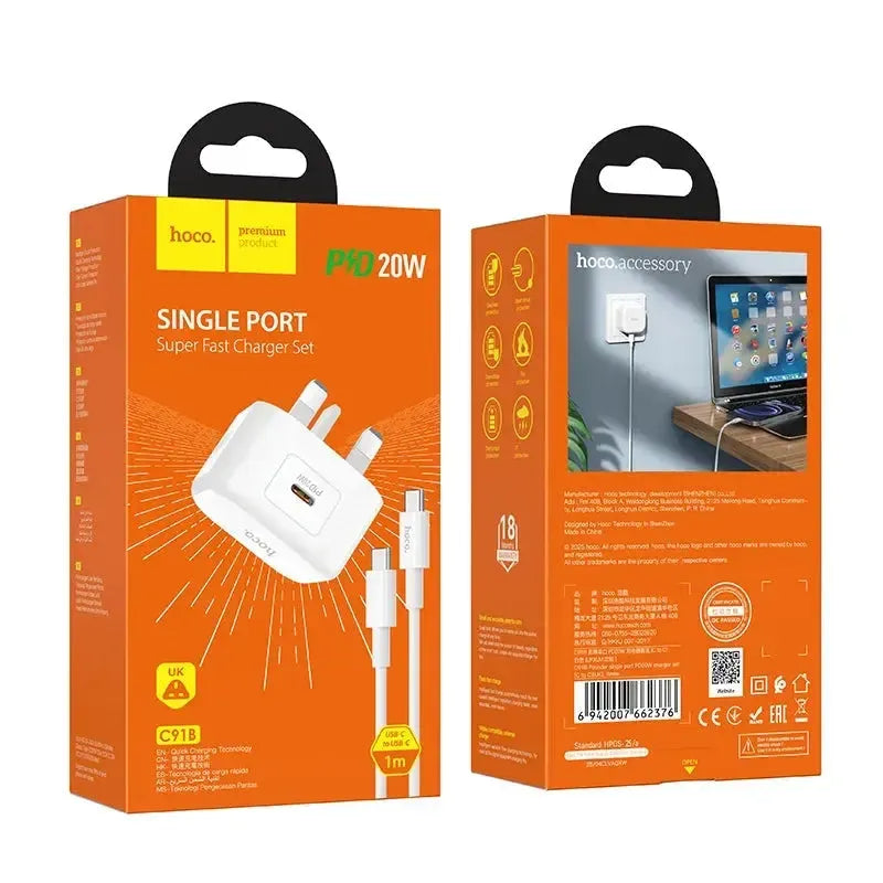 Hoco C91B Founder Single Port PD20W Type-C To C Charger Set White