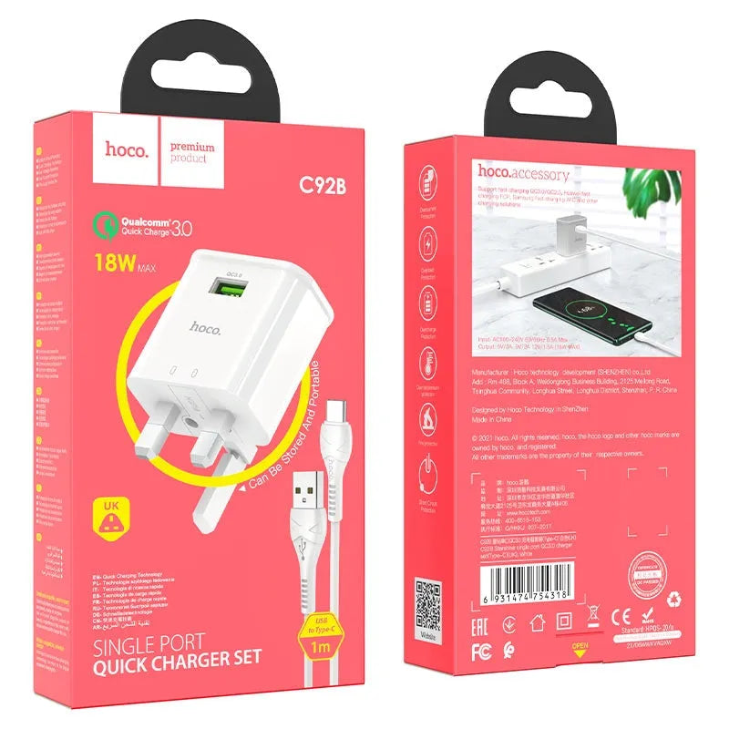 Hoco C92B QC 3.0 Single Port Type-C Charger Set White