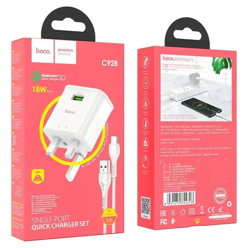 Hoco C92B QC 3.0 Single Port Type-C Charger Set White