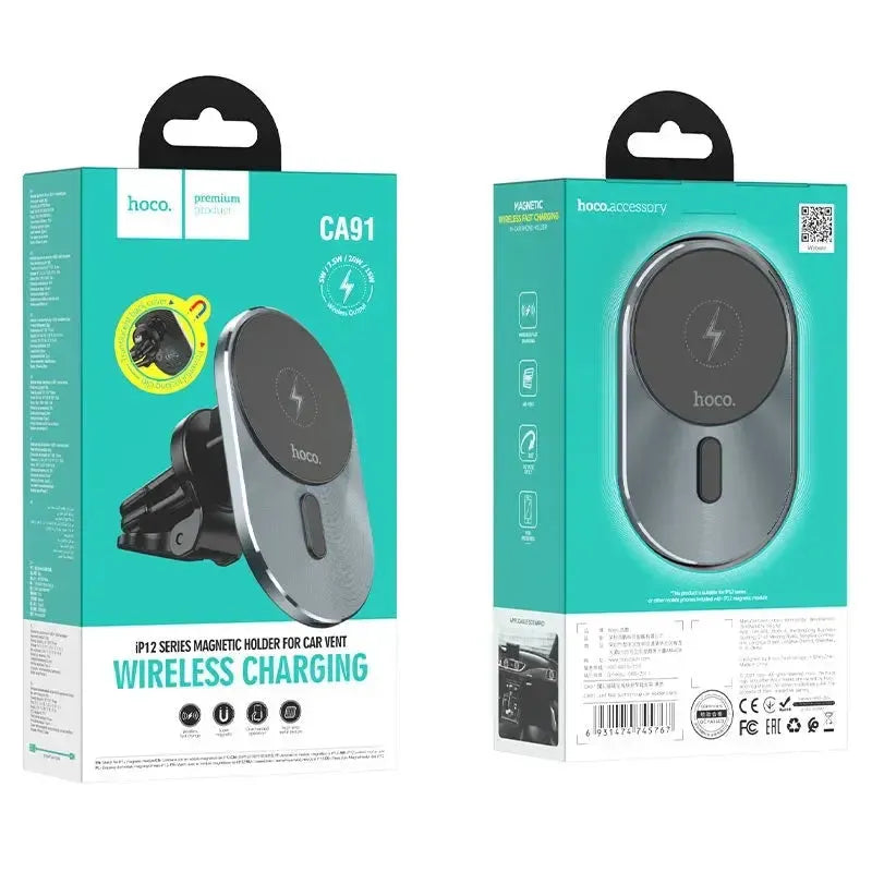 Hoco CA91 Magic Magnetic Car-Vent 15W Wireless Charger Grey