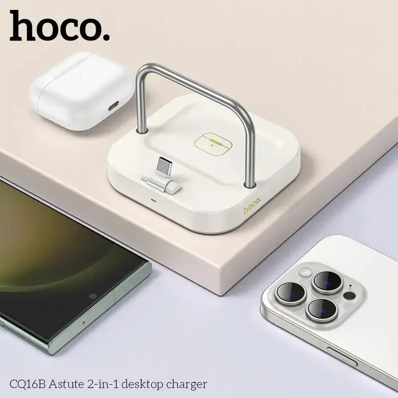 Hoco CQ16B Astute 2 In 1 Desktop Phone & Airpod Charger Milky White