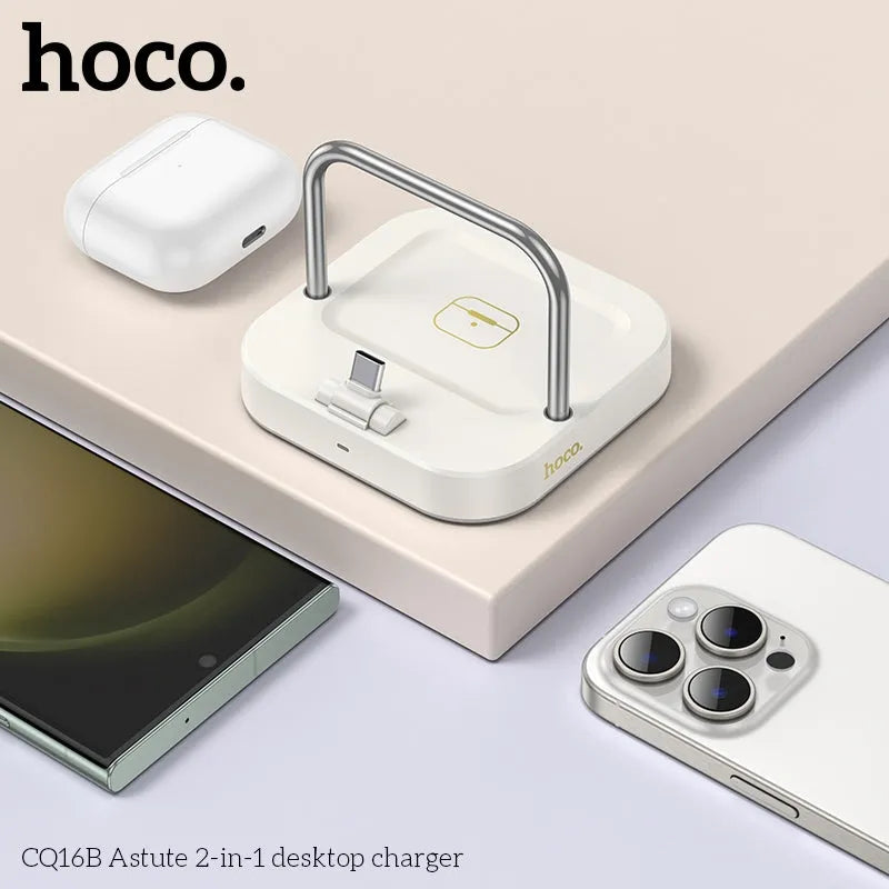 Hoco CQ16B Astute 2 In 1 Desktop Phone & Airpod Charger Milky White