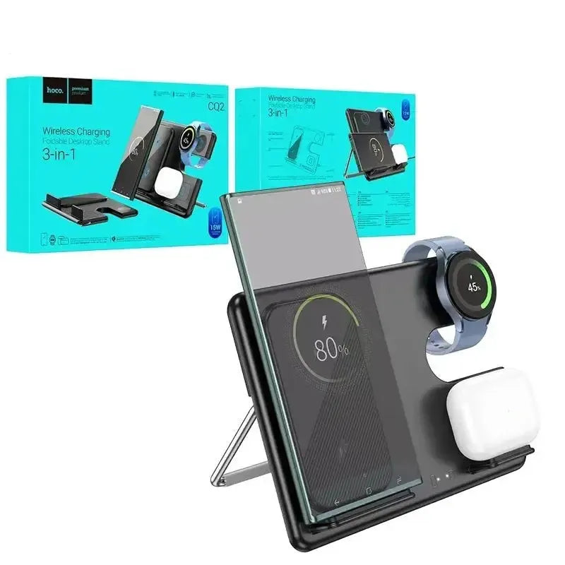 Hoco CQ2 Flash Folding Samsung Watch 3-in-1 Wireless Fast Charger Black