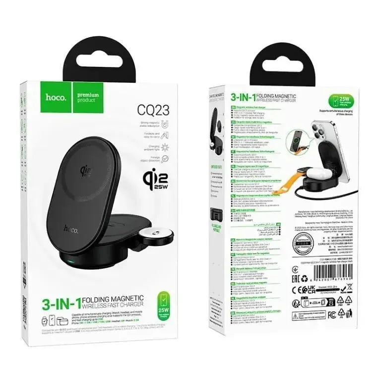 Hoco CQ23 Pole Qi2.2 3 In 1 Magnetic Wireless Fast Charger Black