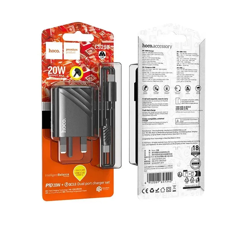 Hoco CS25B Dual Port PD20W+QC3.0 Charger Set C To C