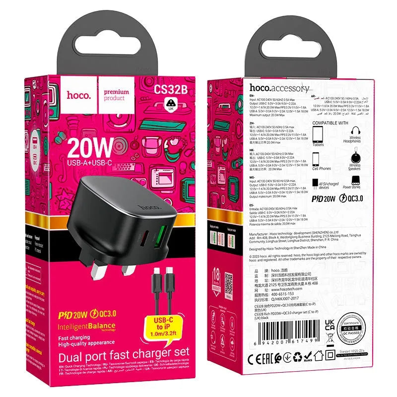 Hoco CS32B PD20W+QC3.0 Charger Set Dual Port C to iP Black