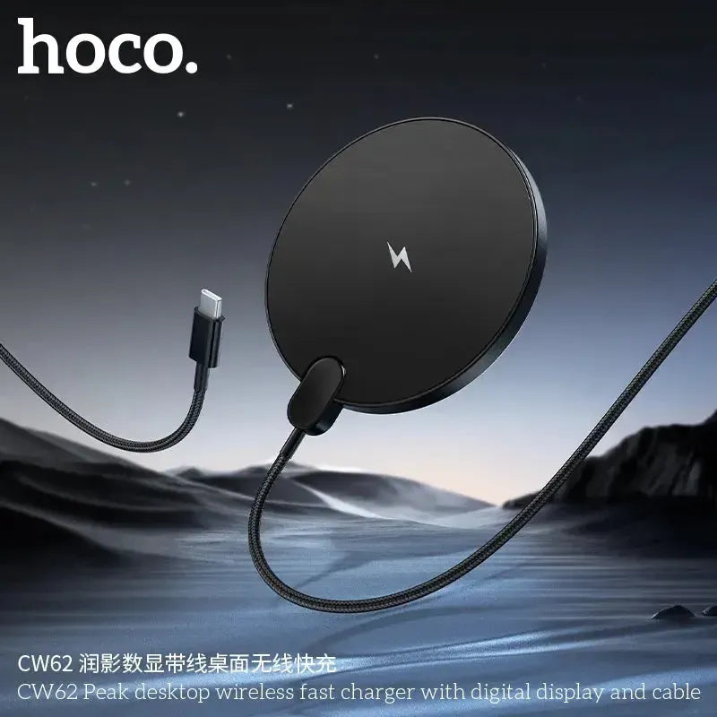Hoco CW62 Peak Desktop Type-C Wireless Fast Charger With Digital Display Black