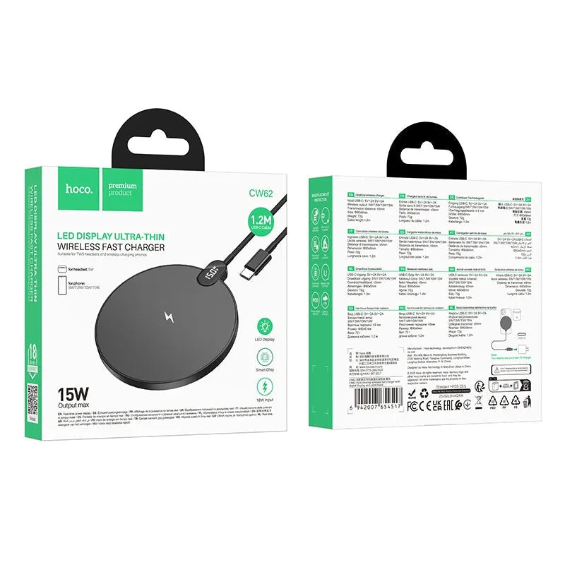 Hoco CW62 Peak Desktop Type-C Wireless Fast Charger With Digital Display Black