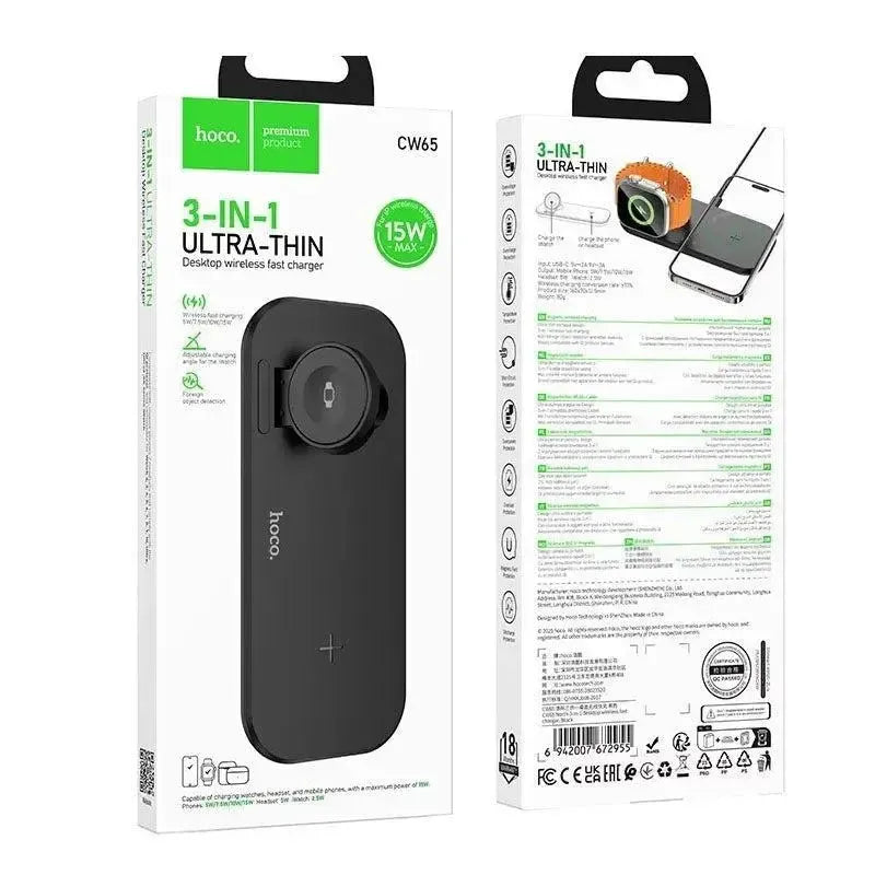 Hoco CW65 North 3 In 1 Desktop Wireless Fast Charger Black