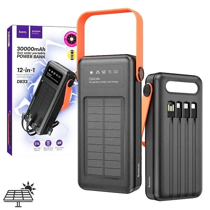 Hoco DB33 Plus Rising Solar Powered Built In Cable LED Flash Light Power Bank 30000mAh Black