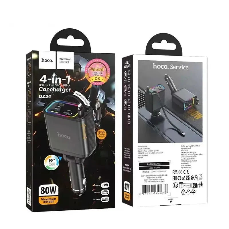 Hoco DZ24 Cool 80W Car Charger With Retractable Cable Black