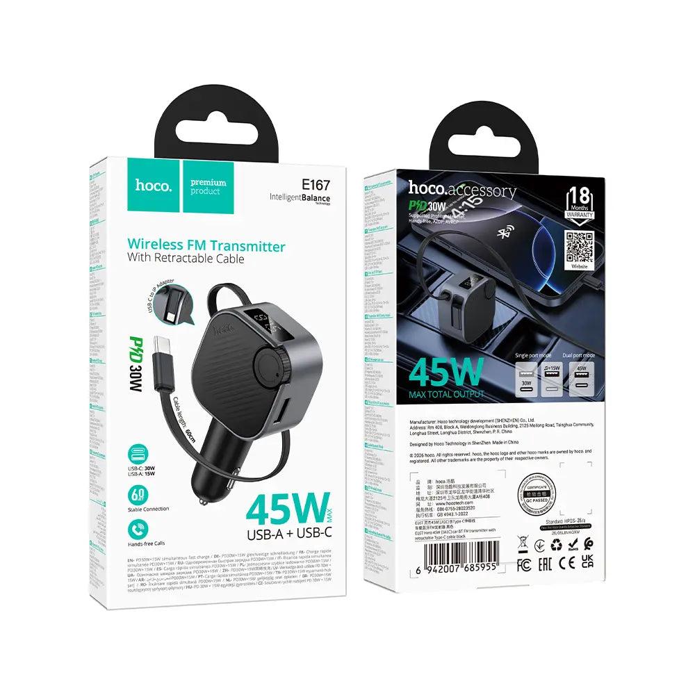 Hoco E167 QC3.0 PD 45W Car Bluetooth FM Transmitter With Retractable Type-C Cable Black